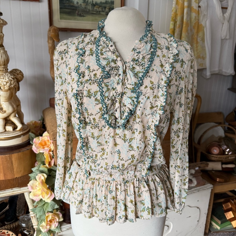 Floral Ruffle Peplum Blouse in Cream with Green Trim